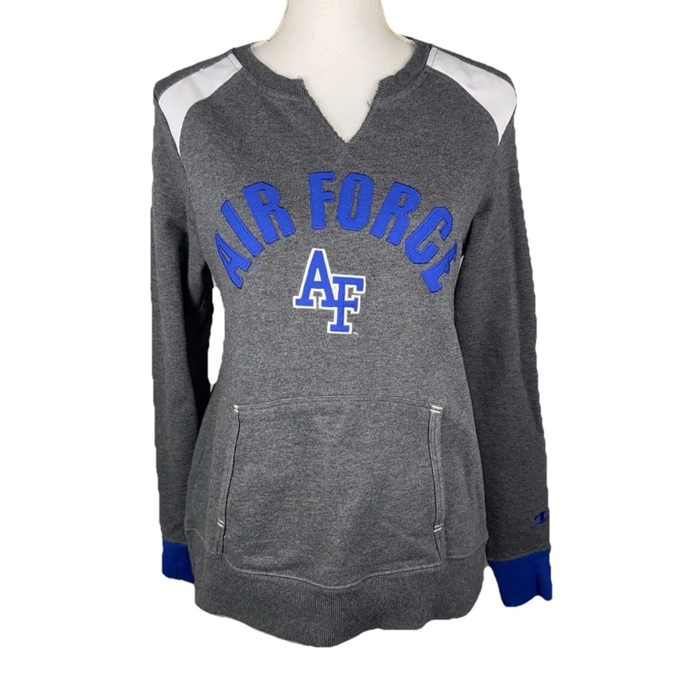 Champion‎ Women’s Small AIR FORCE SpellOut Gray Sweatshirt Pockets V-Notch Neck
